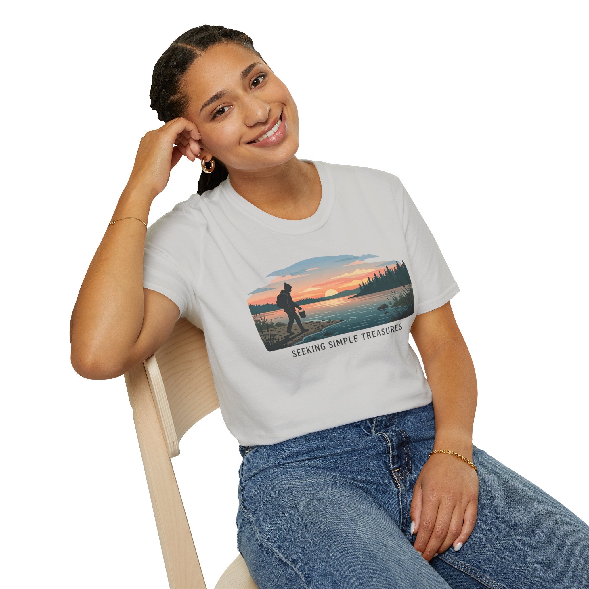 Outdoor T-Shirt — "Seeking Simple Treasures" Sunset Hiker Graphic