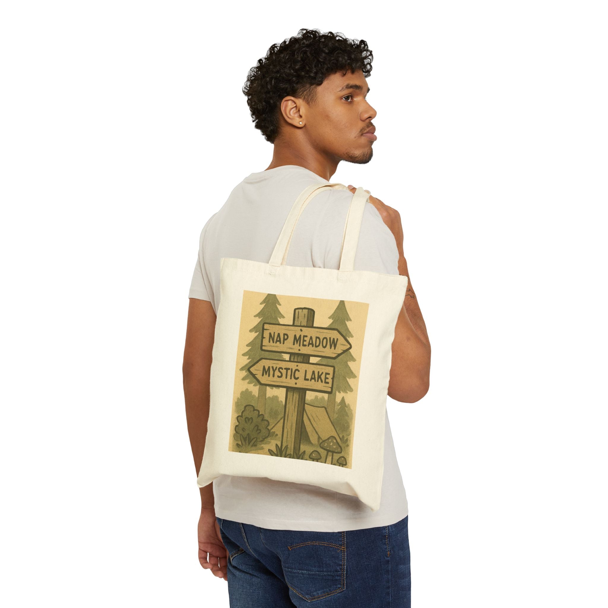 Tote Bag — Rustic ‘Nap Meadow / Mystic Lake’ Camping Sign Canvas Tote