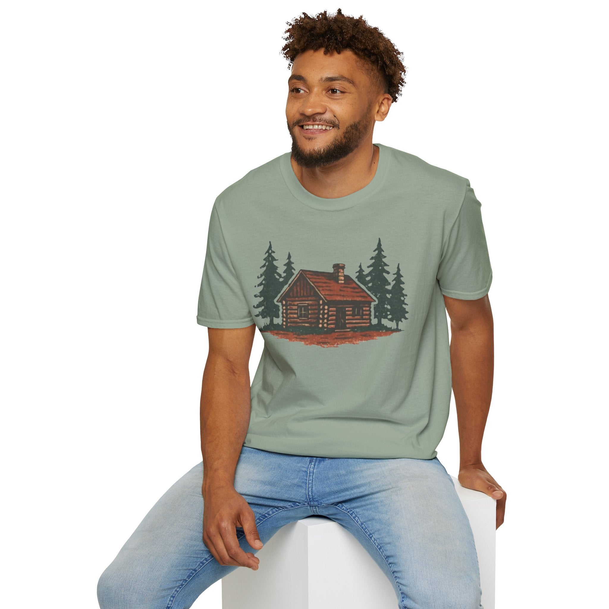 Vintage Cozy Cabin T-Shirt — Faded Pine Tree Cabin Tee