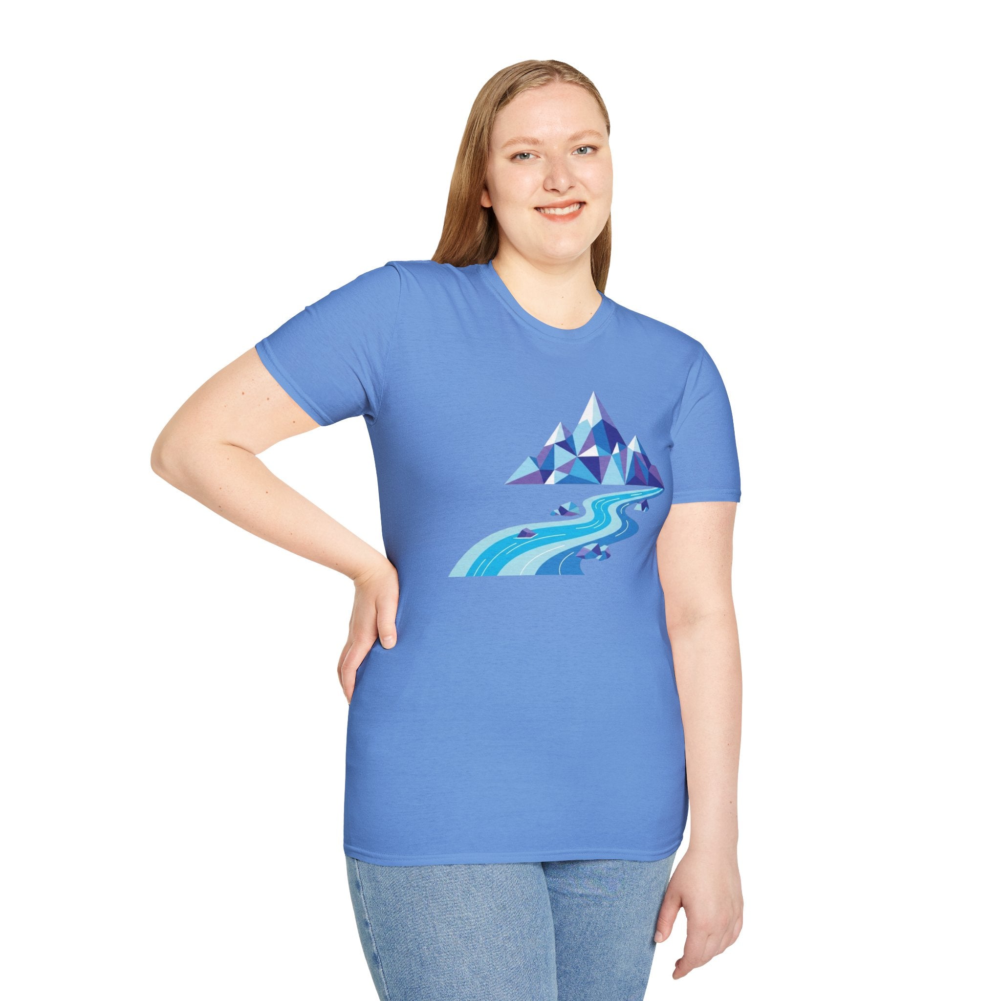 Mountain River T-Shirt — Geometric Blue Peaks & Flowing River