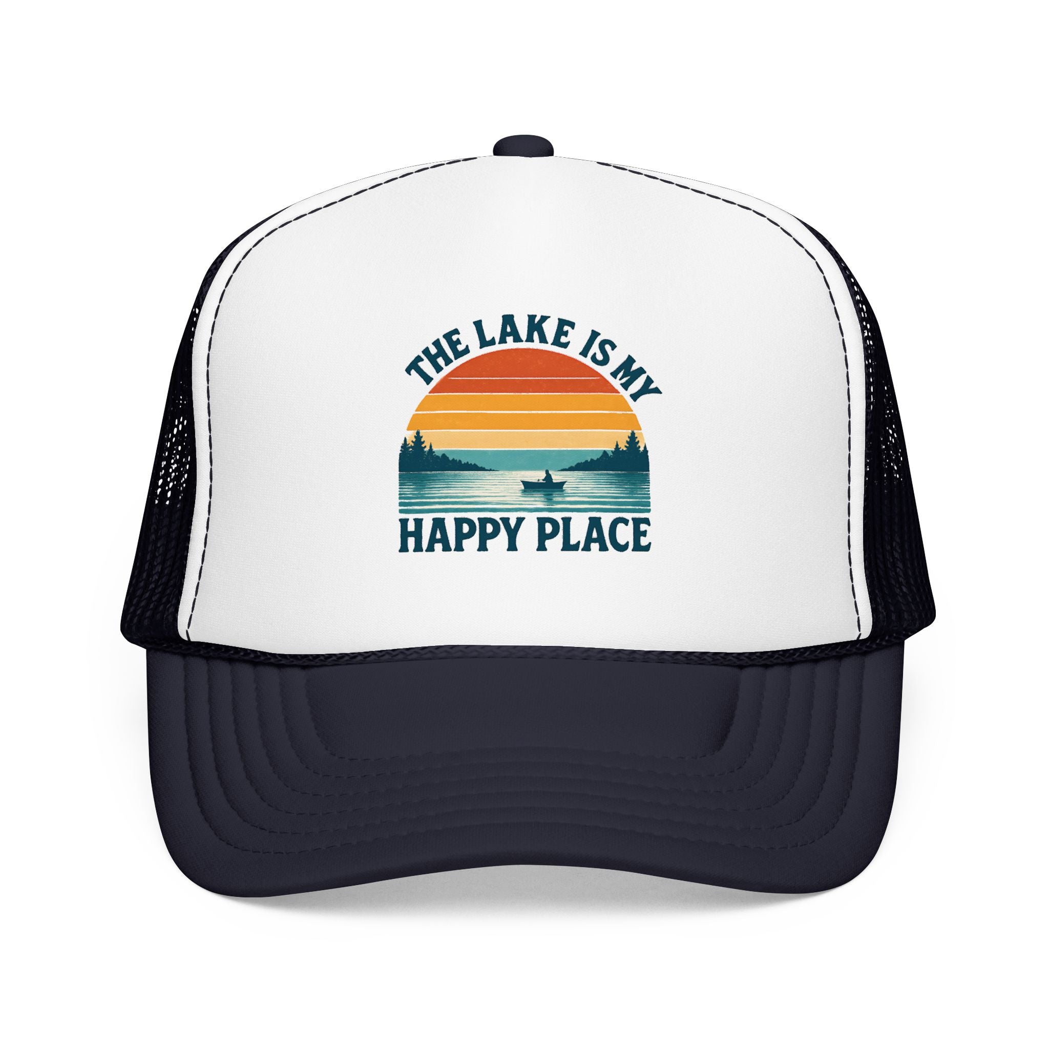 Lake Is My Happy Place Trucker Hat — Vintage Sunset Fishing Foam Cap