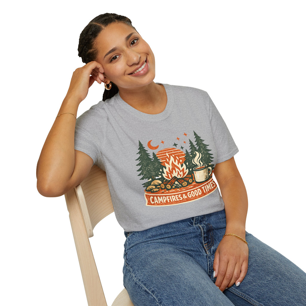 "Campfires & Good Times" T-Shirt — Retro Camping Tee with Bonfire, Trees & Coffee Mug