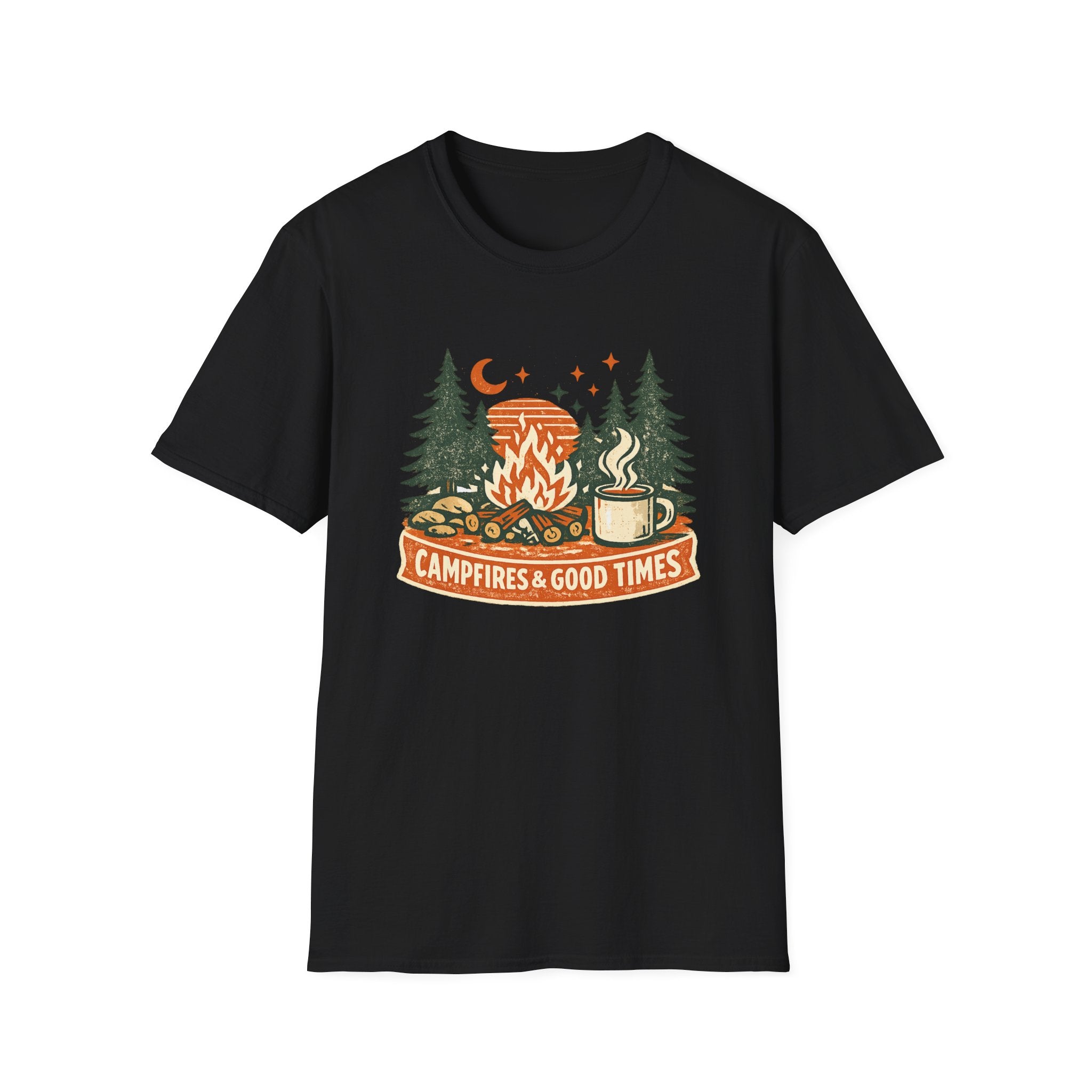 Campfires & Good Times T-Shirt — Retro Camping Tee with Bonfire, Trees & Coffee Mug
