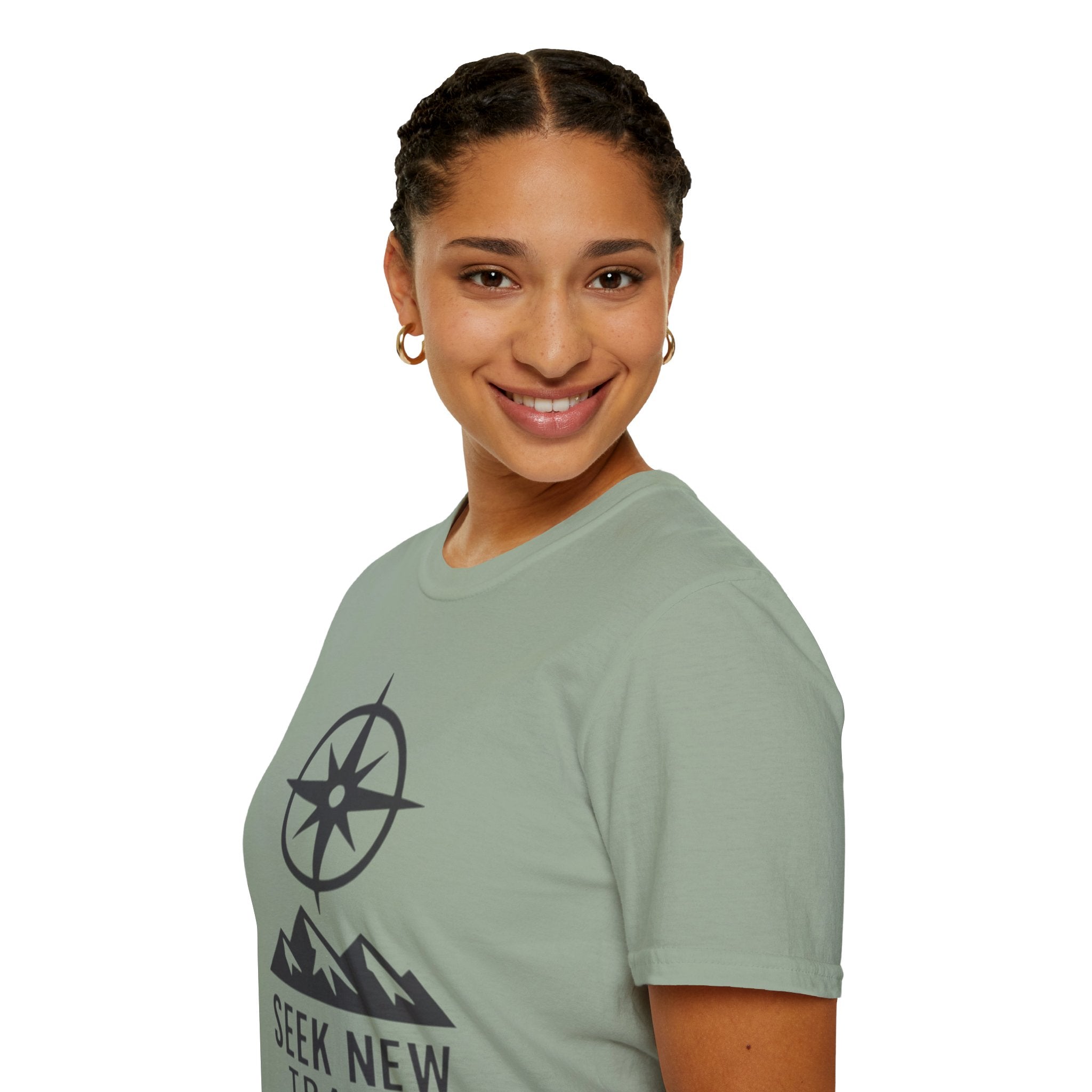 "Seek New Trails" Compass Over Mountains T-Shirt