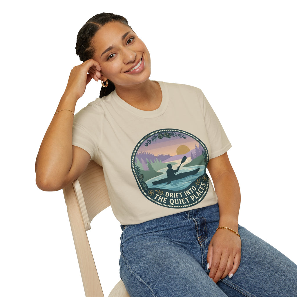 "Drift Into The Quiet Places" Kayak Sunset T‑Shirt — Outdoor Relaxation Tee Shirt