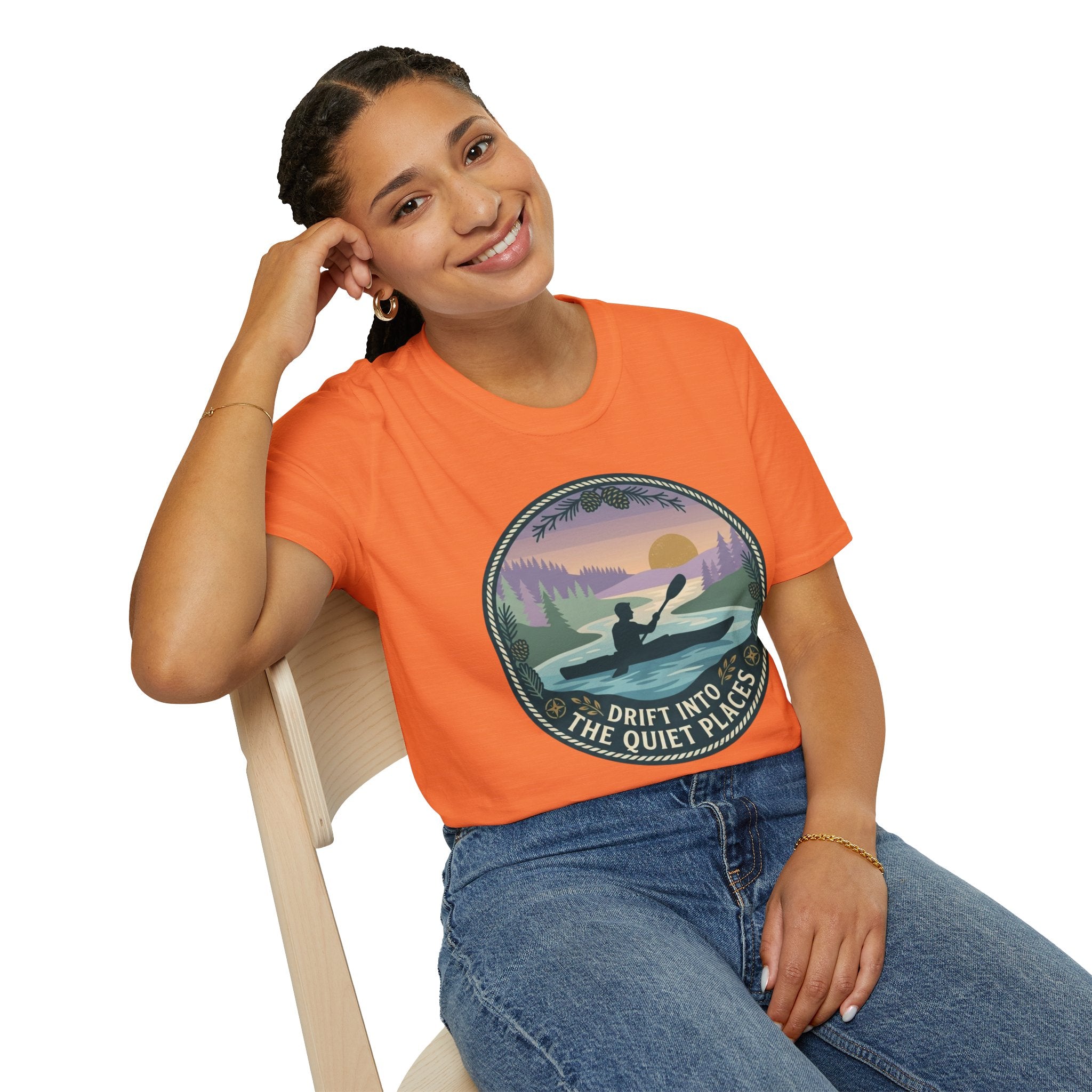 Kayak Sunset T‑Shirt — "Drift Into The Quiet Places" Outdoor Relaxation Tee