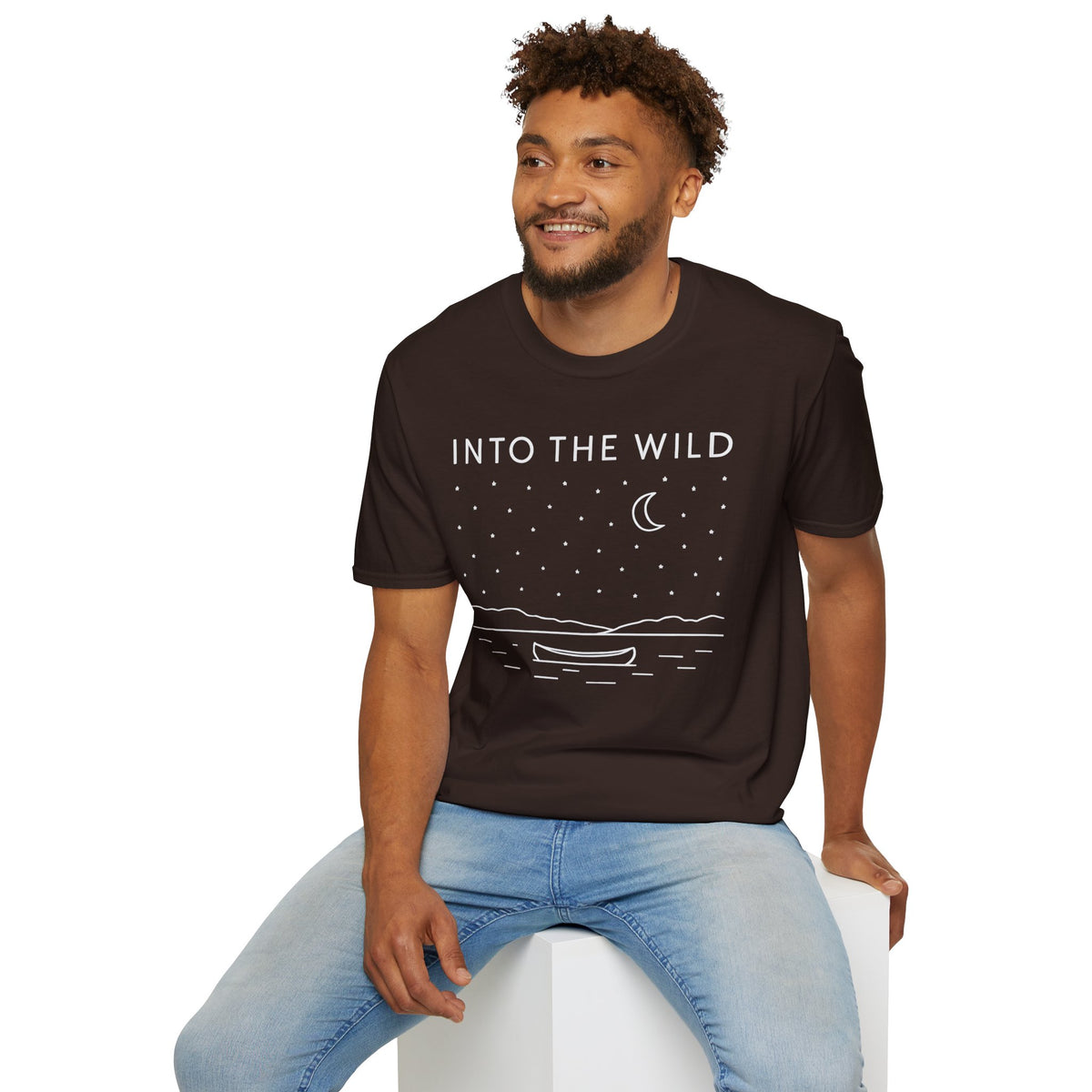 Into The Wild Canoe T-Shirt - Minimal Night Sky Lake Camping Tee