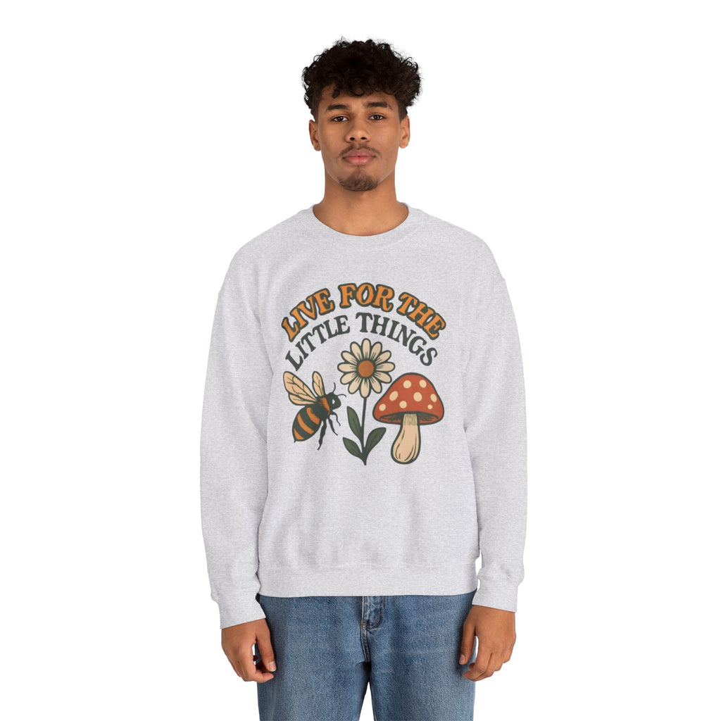 "Live For The Little Things" Bee, Daisy & Mushroom Retro Nature Design Crewneck Sweatshirt