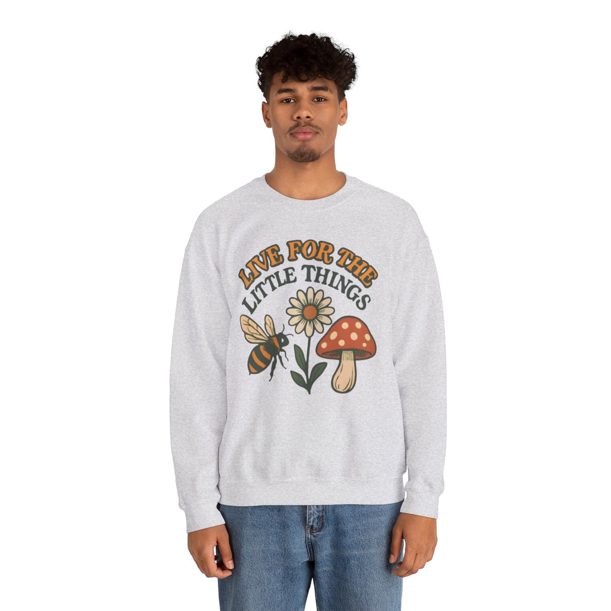 "Live For The Little Things" Bee, Daisy & Mushroom Retro Nature Design Crewneck Sweatshirt