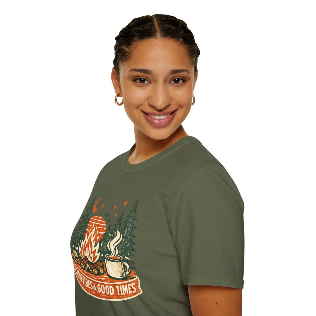 "Campfires & Good Times" T-Shirt — Retro Camping Tee with Bonfire, Trees & Coffee Mug