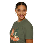 "Campfires & Good Times" T-Shirt — Retro Camping Tee with Bonfire, Trees & Coffee Mug