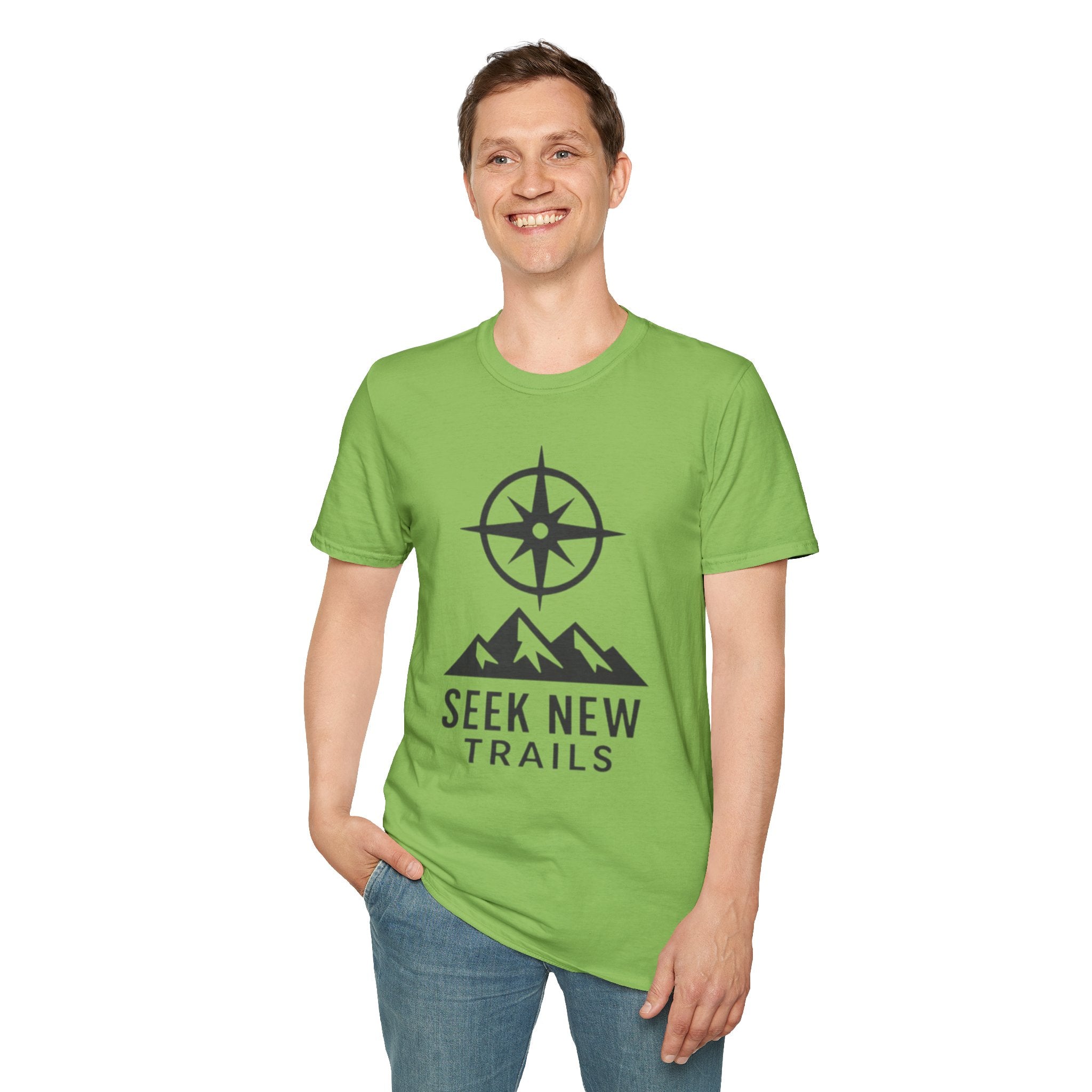 "Seek New Trails" Compass Over Mountains T-Shirt