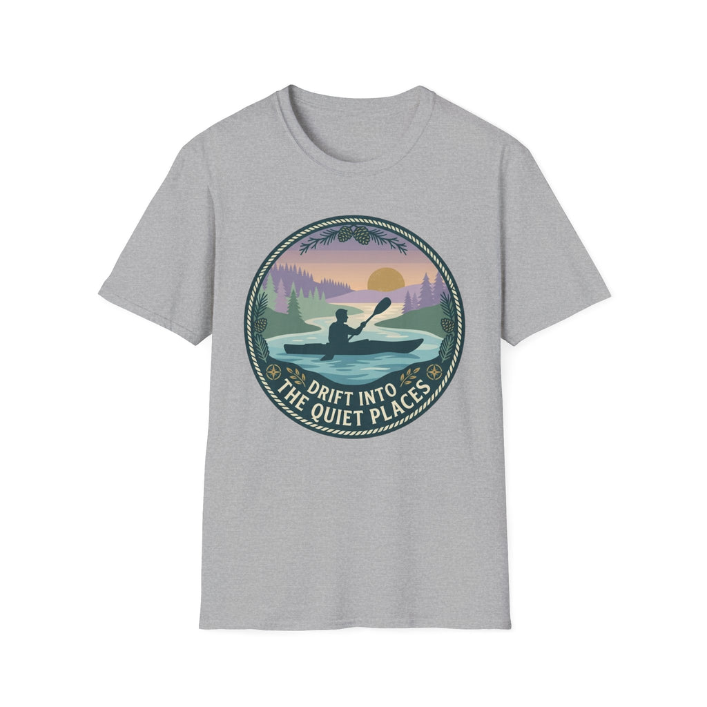 Kayak Sunset T‑Shirt — "Drift Into The Quiet Places" Outdoor Relaxation Tee