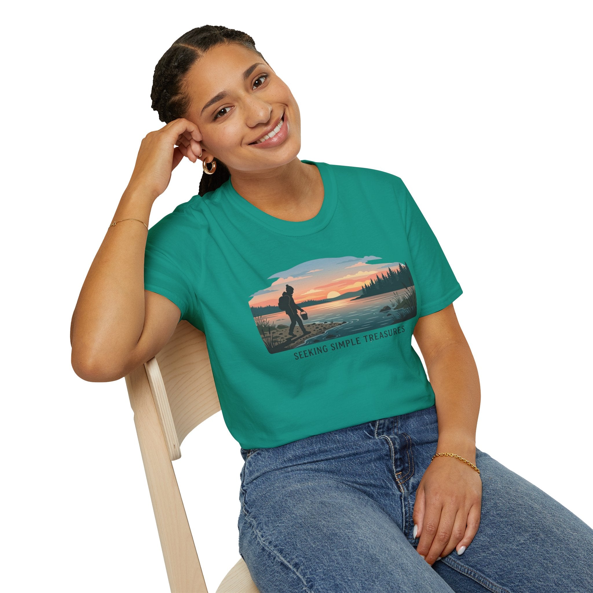 Outdoor T-Shirt — "Seeking Simple Treasures" Sunset Hiker Graphic