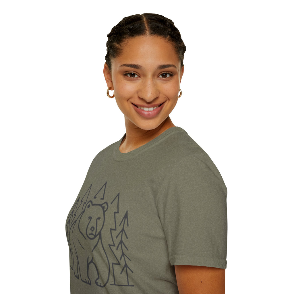 Bear & Pines T-Shirt — Minimal Line Drawing Woodland Tee
