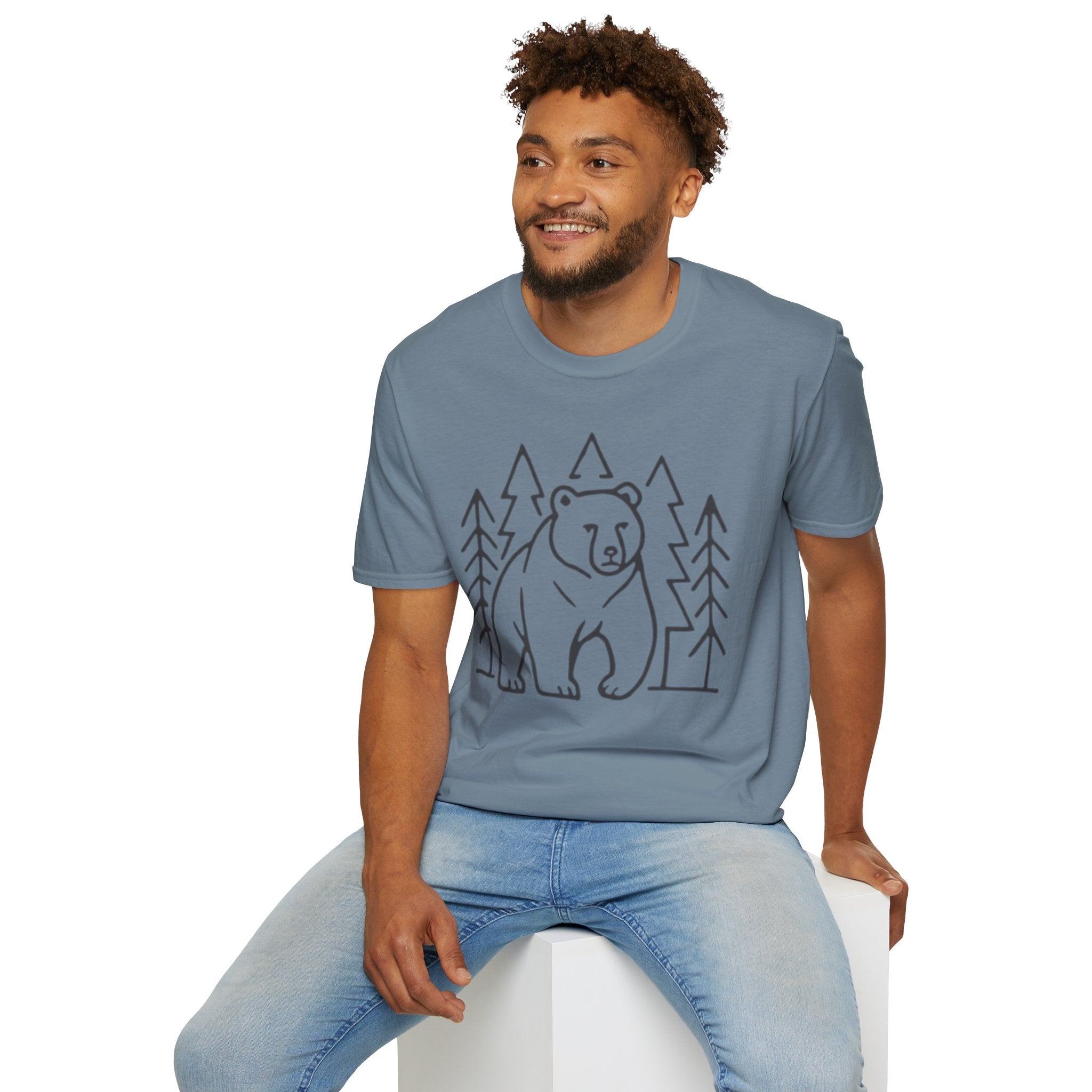 Bear & Pines T-Shirt — Minimal Line Drawing Woodland Tee