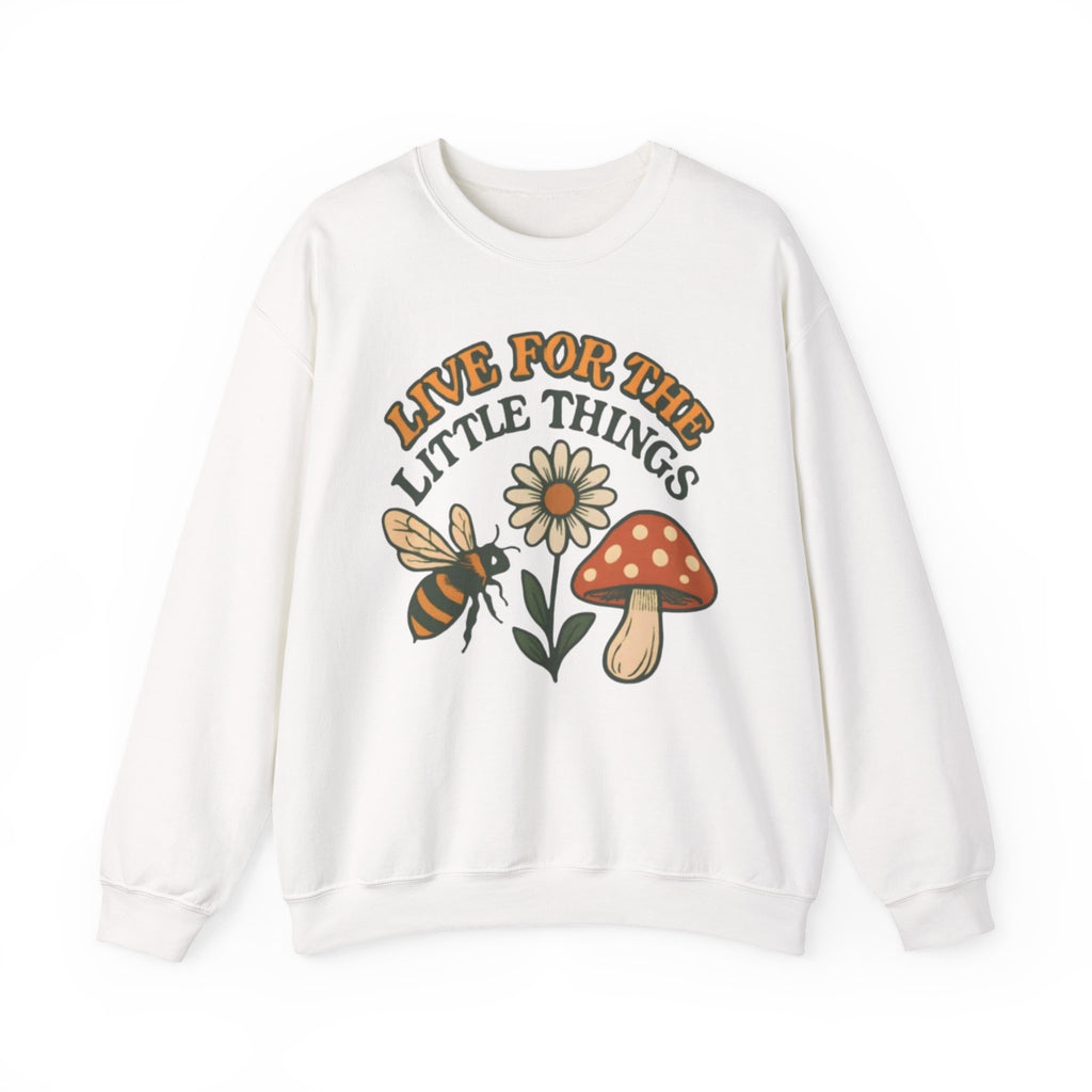 "Live For The Little Things" Bee, Daisy & Mushroom Retro Nature Design Crewneck Sweatshirt