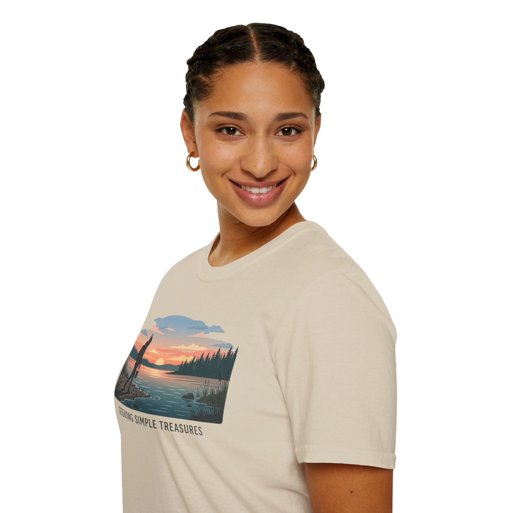 Outdoor T-Shirt — "Seeking Simple Treasures" Sunset Hiker Graphic