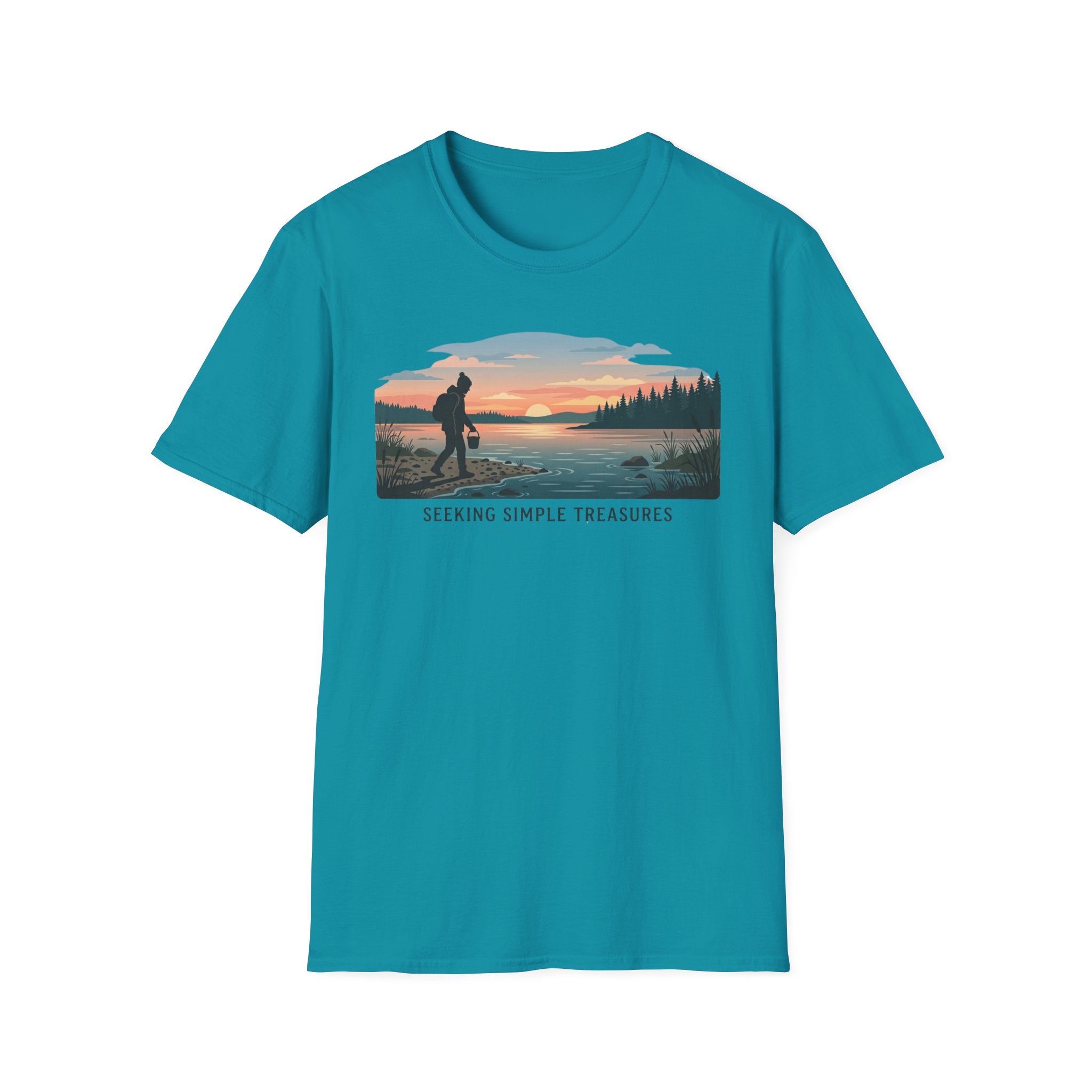 Outdoor T-Shirt — "Seeking Simple Treasures" Sunset Hiker Graphic