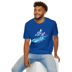 Mountain River T-Shirt — Geometric Blue Peaks & Flowing River