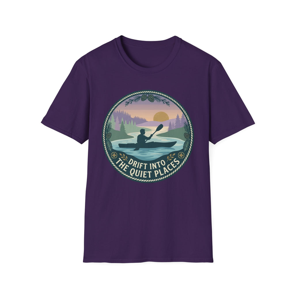 Kayak Sunset T‑Shirt — "Drift Into The Quiet Places" Outdoor Relaxation Tee