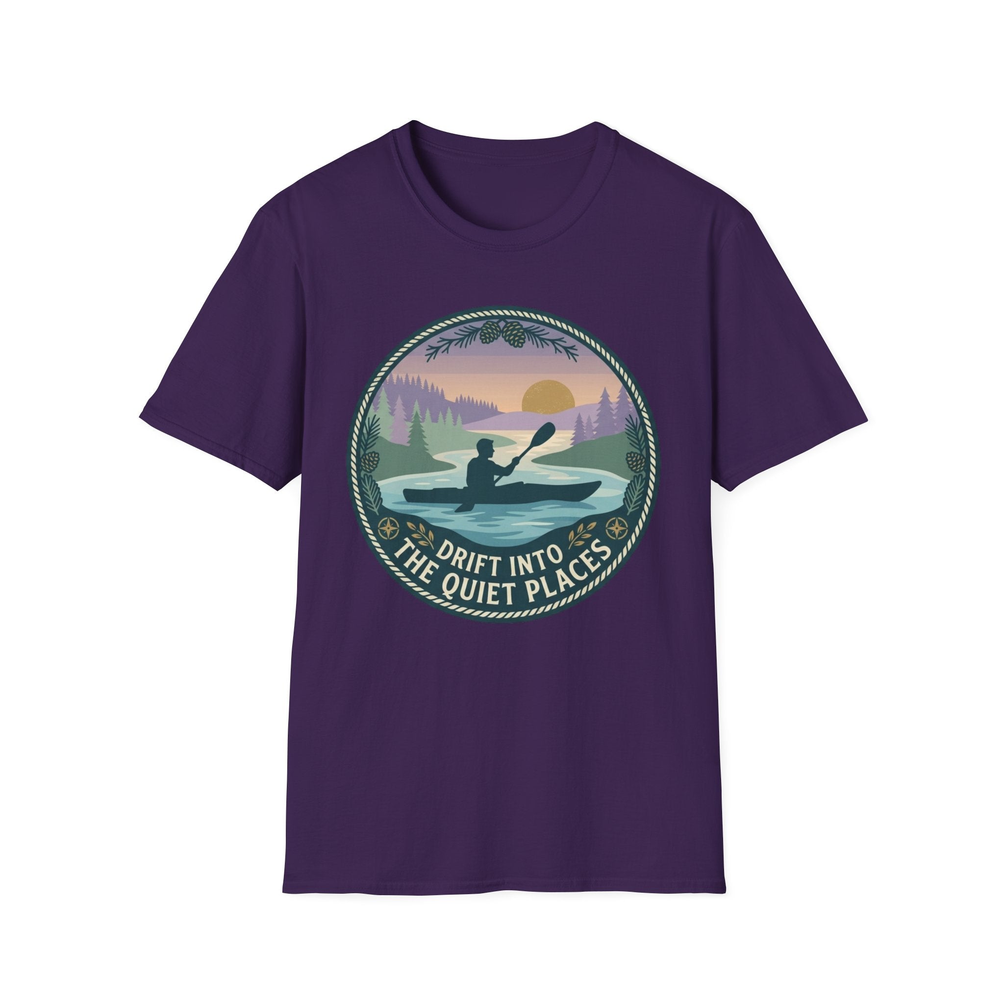 Kayak Sunset T‑Shirt — "Drift Into The Quiet Places" Outdoor Relaxation Tee