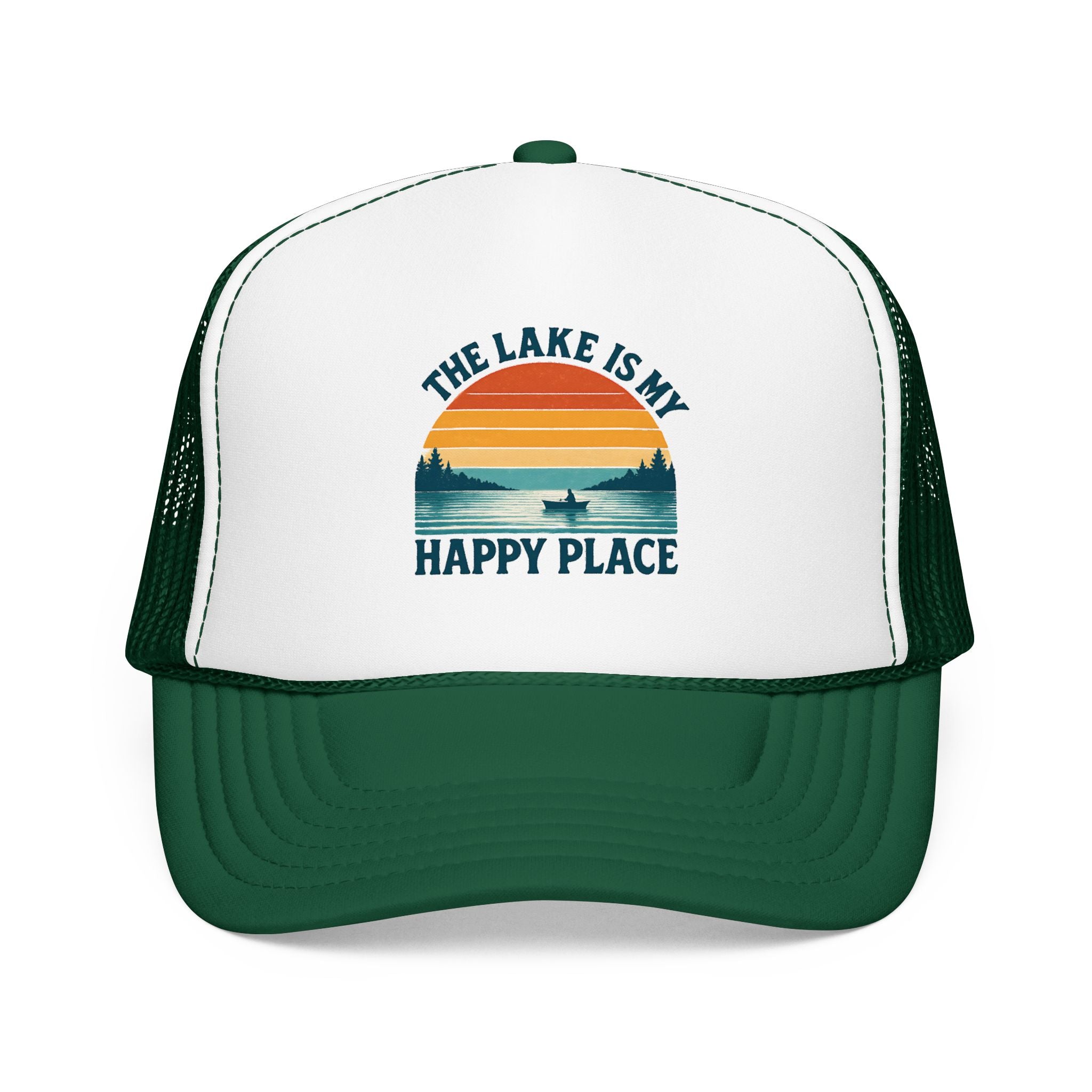 Lake Is My Happy Place Trucker Hat — Vintage Sunset Fishing Foam Cap