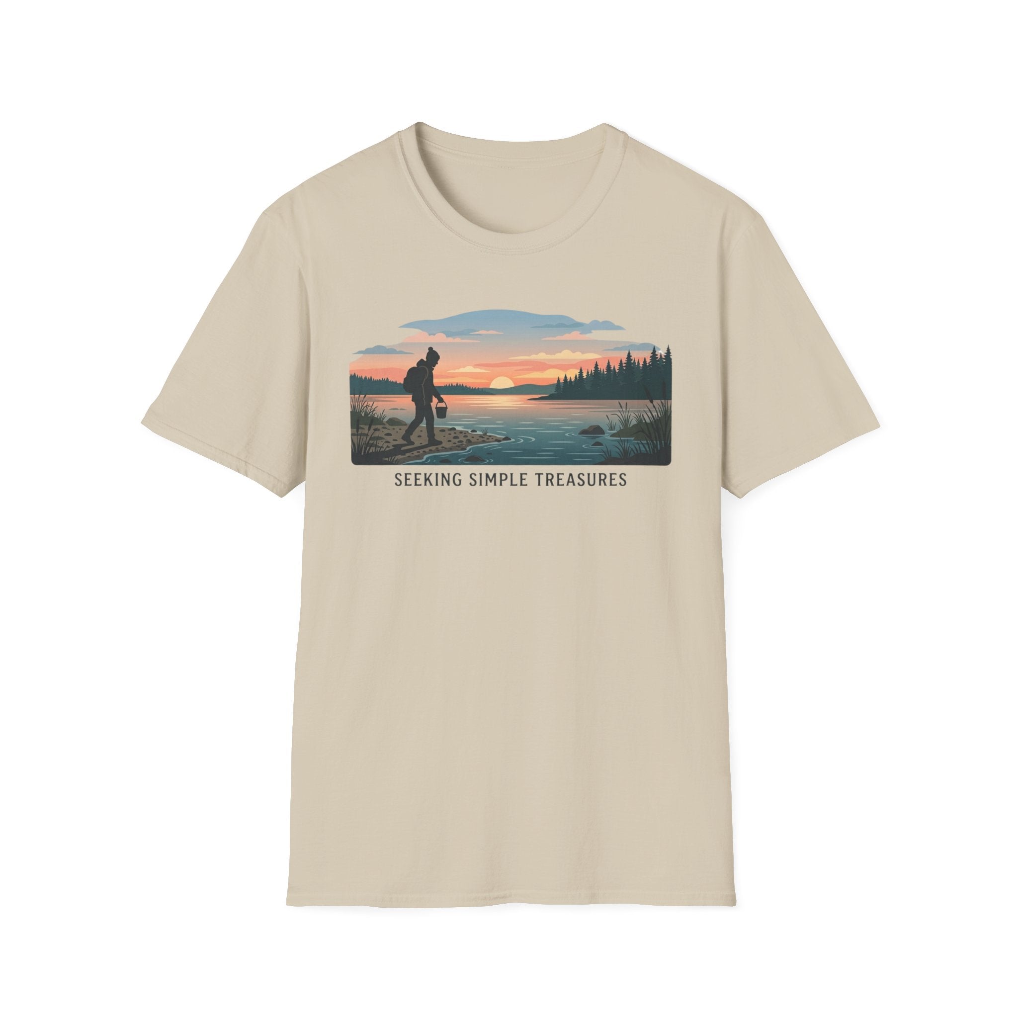 Outdoor T-Shirt — "Seeking Simple Treasures" Sunset Hiker Graphic