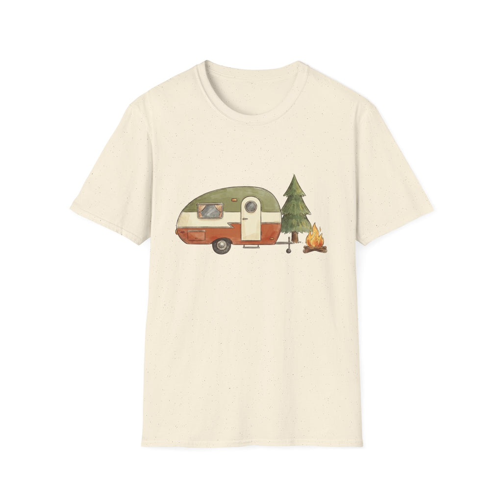 Vintage Camper & Campfire T-Shirt — Retro Trailer Camping Graphic Tee