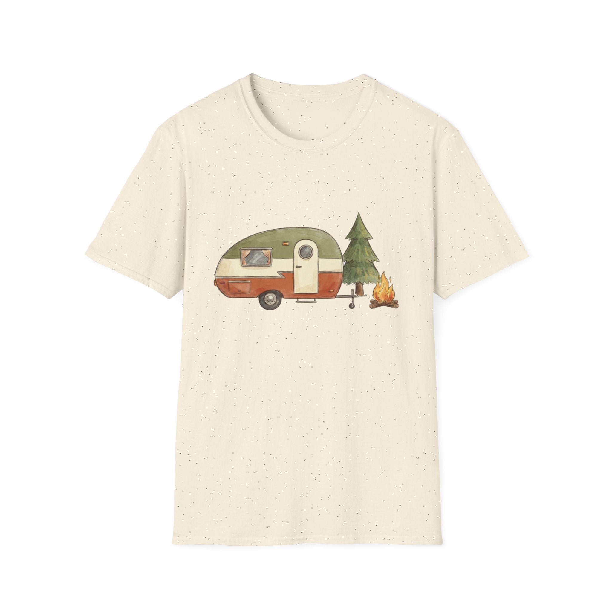 Vintage Camper & Campfire T-Shirt — Retro Trailer Camping Graphic Tee