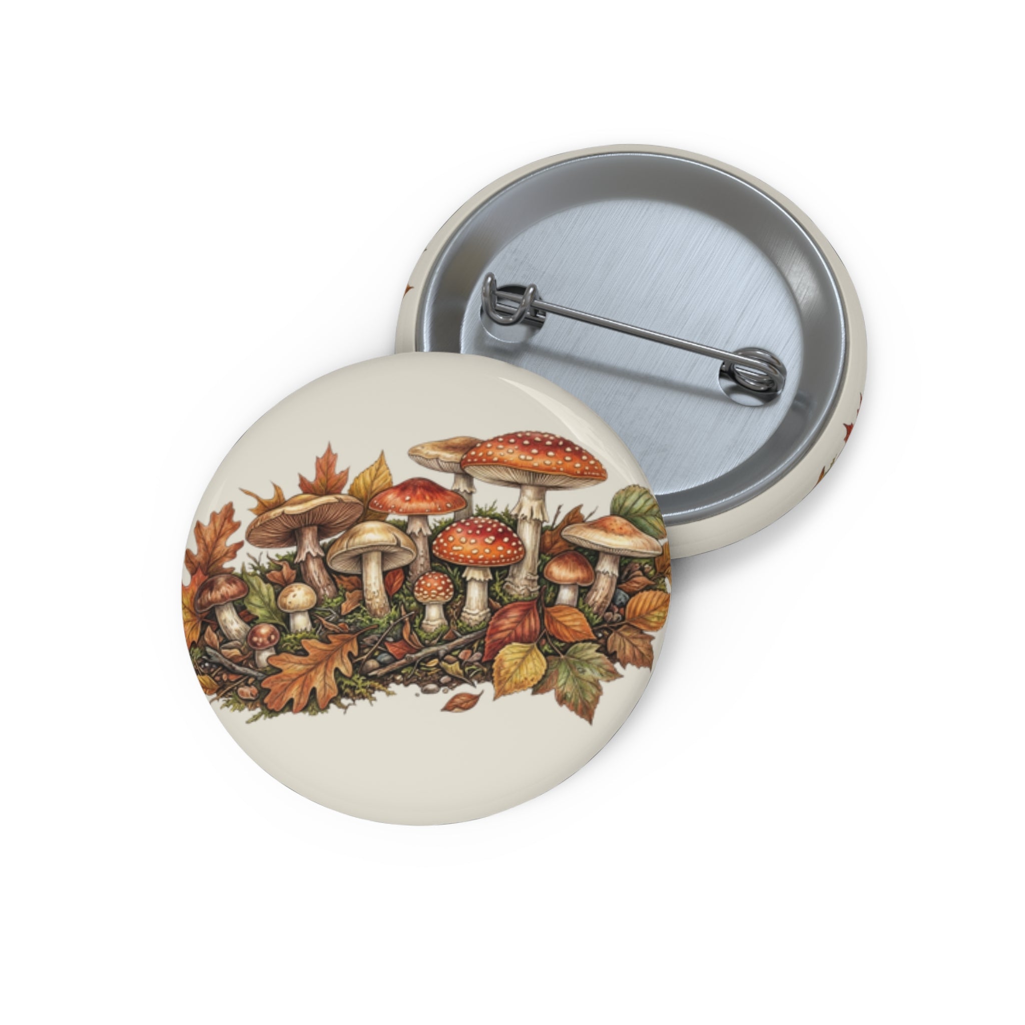 Autumn Mushroom Pin Button – Hand-Drawn Fall Fungi Badge