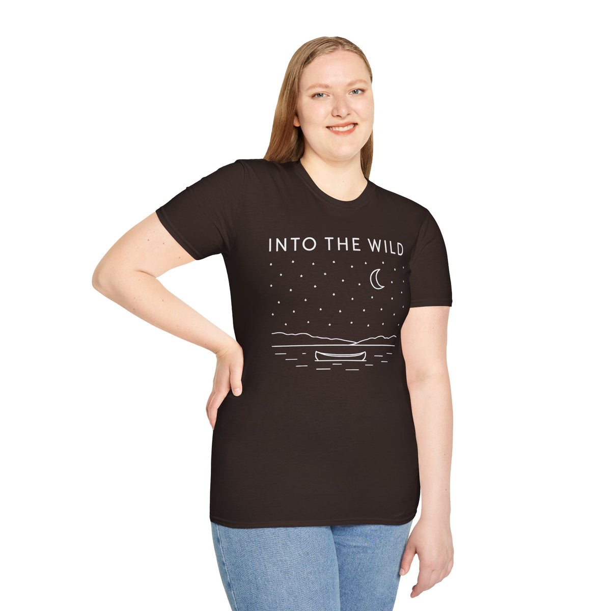Into The Wild Canoe T-Shirt - Minimal Night Sky Lake Camping Tee