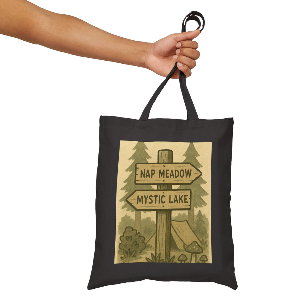 Tote Bag — Rustic ‘Nap Meadow / Mystic Lake’ Camping Sign Canvas Tote
