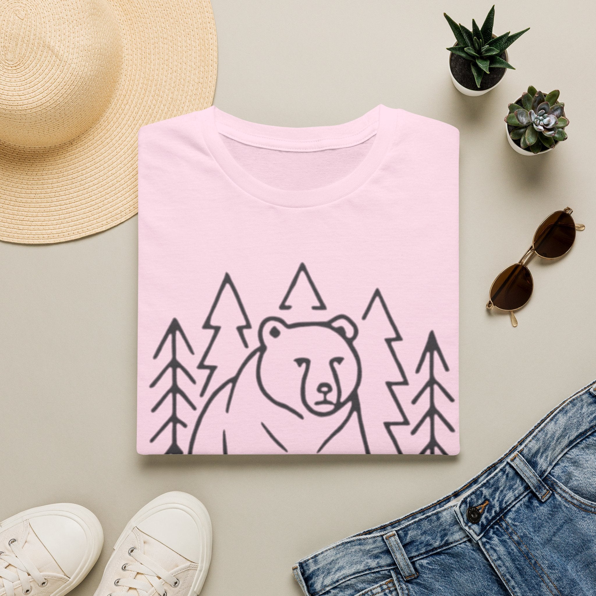 Bear & Pines T-Shirt — Minimal Line Drawing Woodland Tee