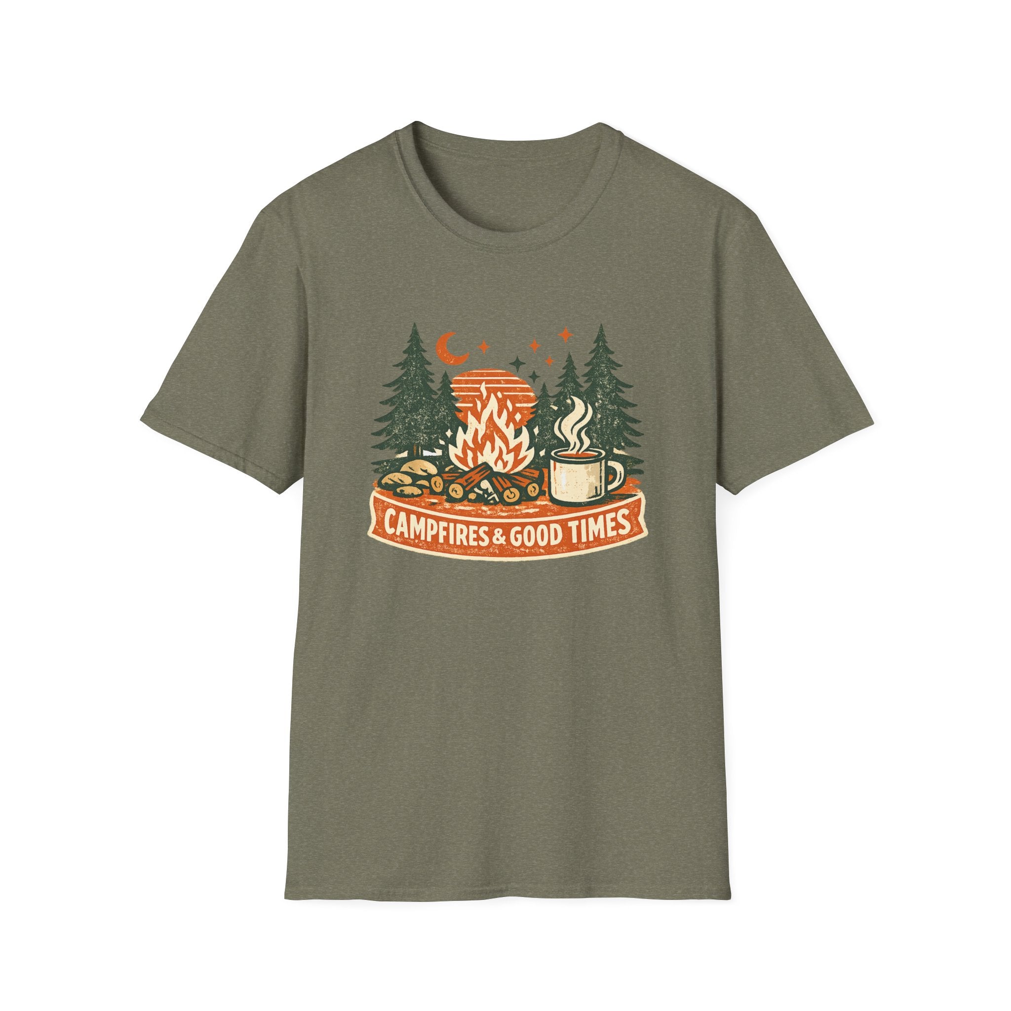 Campfires & Good Times T-Shirt — Retro Camping Tee with Bonfire, Trees & Coffee Mug
