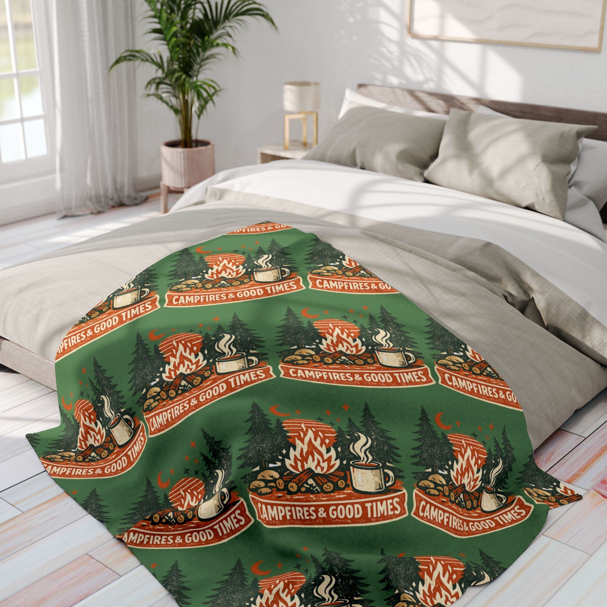 Campfire Cozy Fleece Blanket – 'Campfires & Good Times' Retro Outdoor Throw